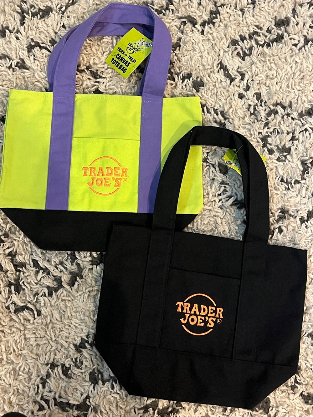 Trader Joe's Trick-or-Treat Mini Canvas Tote Bag Green & Black (bundle of 2)